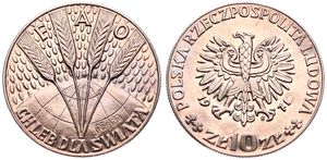 Poland, Probas Coins : 10 Zlotych Copper-Nickel 1971, F.A.O. - Spears of grain on top of globe, KM Pr 187, UNC