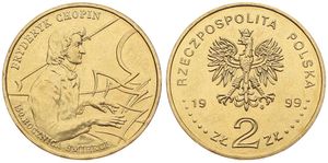 Poland, Republic, 2 Zlote Brass 1999, Fryderyk Chopin with stylized piano, KM 365, UNC