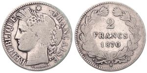 France, Republic, 2 Francs Silver 1870K, Laureate head left, KM 816.2 (Bordeaux), Fine