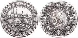 Switzerland, Confederation, Medal in Silver 1958, Lovely view of the City of Basel / Eagle with shield within roped circle surrounded by eight coat of arms, UNC