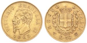 Italy, Kingdom, Vittorio Emanuele II, 10 Lire Gold 1863T BN, Head left / Crowned arms within wreath, KM 9.2, VF (*)
