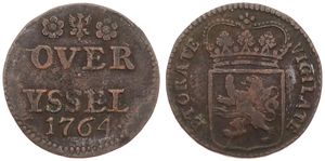 Netherlands, Overyssel Province, 1 Duit Copper 1764, Crowned arms of Overyssel, KM 90, Fine