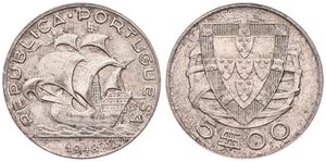 Portugal, Republic, 5 Escudos Silver 1948, Early sailing ship, KM 581, XF