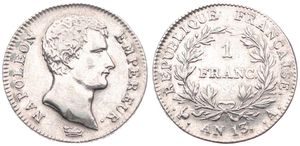 France, First Empire, Napoleon, 1 Franc Silver AN 13A, Bare head right, KM 656.1 Paris, VF (cleaned)