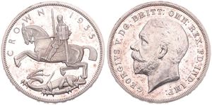 Great Britain, Kingdom, George V, 1 Crown Silver 1935, Silver Jubilee, Head left / St. George slaying the dragon, KM 842 Raised edge lettering, VERY RARE, PROOF