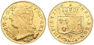 France, Kingdom, Louis XVI, 1 Louis d'Or Gold 1788D, Head left / Crowned arms of France and Navarre in shields, KM 591.5 Lyon, VF (*)