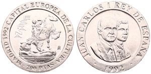 Spain, Kingdom, Juan Carlos I, 200 Pesetas Copper-Nickel 1992, Madrid, European Culture Capital - Equestrian, KM 909, UNC