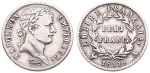 France, First Empire, Napoleon, 1/2 Franc Silver 1811A, Laureate head right, KM 691.1 Paris, VF (cleaned)