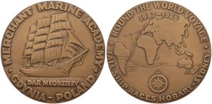 Poland, Republic, Medal in Bronze 1988 by Kawecki, Round the World Voyage & 200th Anniversary of Australia, Sailing Ship ' Dar Mtodziezy ' / Map of voyage, UNC