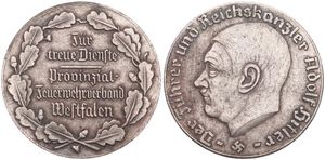 Germany, Third Reich, Medal in Silver Plated Bronze ND (1933), Head of Adolf Hitler left / Legend within wreath : Fur treue Dienste Provinzial Feuerwehrverband Westfalen, XF