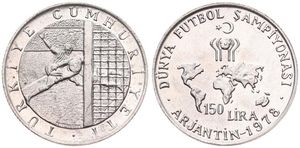 Turkey, Republic, 150 Lira Silver 1978, World Soccer Championship - Soccer player and net, KM 917, UNC