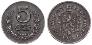 Luxembourg, Grand Duchy, Charlotte, 5 Centimes Iron 1922, National arms above date, KM 30, SCARCE KEY DATE, A.UNC