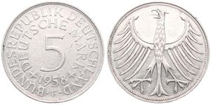 Germany, Federal Republic, 5 Mark Silver 1958F, Eagle with wings spread, KM 112.1, SCARCER DATE, VF