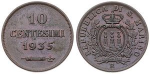 San Marino, Republic, 10 Centesimi Bronze 1935R, Crowned pointed arms within wreath, KM 13, XF/AU