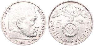 Germany, Third Reich, 5 Reichsmark Silver 1936J, Head of Paul von Hindenburg right, KM 94, SCARCE DATE !, VF