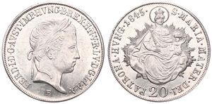 Hungary, Kingdom, Ferdinand I, 20 Krajczar Silver 1845B, Laureate head right, KM 422, XF