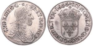 France, Kingdom, Louis XIV, 1/2 Ecu Silver 1666N, Laureate bust right / Crowned arms, KM 202.11 Montpellier, VF