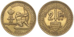 Monaco, Principality, Louis II, 2 Francs Aluminum-Bronze 1924, Hercules shooting bow to right, KM 112, XF