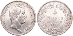 France, Second Kingdom, Louis Philippe I, 5 Francs Silver 1831A, Head right, KM 735.1 (Paris), Incused lettering, VF