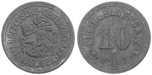 Germany, Emergency Coinage, Eisleben (Mansfeldsche Gewerkschaft), 10 Pfennig Zinc 1917, Knight on horseback slaying the dragon / Legend surrounding denomination, XF