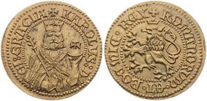 Bohemia, Kingdom, Medal in Aluminum-Bronze ND, Karolus within beaded circle / Crowned Lion in beaded circle, UNC (Restrike sold in Prague's Old Town Square)