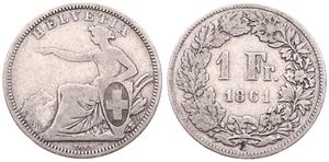 Switzerland, Confederation, 1 Franc Silver 1861, Seated Helvetia with shield, KM 9a, F/VF