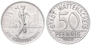 Germany, Emergency Coinage, Wattenscheid, 50 Pfennig Aluminum 1920, Worker with hammer and lantern in front of mines / Legend surrounding denomination, UNC