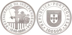 Portugal, Republic, 100 Escudos Silver ND (1990), 350th Anniversary of the Restoration of Portuguese Independence, KM 651a, PROOF