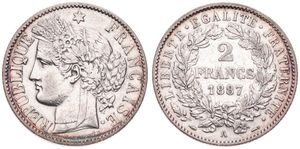 France, Republic, 2 Francs Silver 1887A, Laureate head left, KM 817.1 (Paris), XF (cleaned)