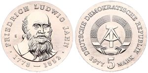 Germany, Democratic Republic, 5 Mark Copper-Nickel 1977, 125th Anniversary of the Death of Friedrich Ludwig Jahn, KM 64, UNC