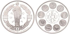 Europe, European Union, Ecu Medal in Silver 1979 by P. Rodier, Europe Standing (obv) / Nine shields (rev), PROOFLIKE