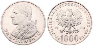 Poland, Peoples Republic, 1000 Zlotych Silver 1983, Visit of Pope John Paul II, KM 144, UNC