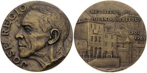 Portugal, Republic, Medal in Bronze 1969 by José de Moura, Head of Poet José Régio left, City view and legend ' My God, where are you ? ', HIGH RELIEF, UNC