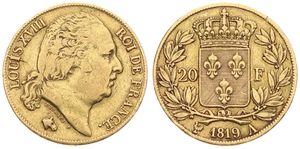 France, Second Kingdom, Louis XVIII, 20 Francs Gold 1819A, Head right / Crowned arms within wreath, KM 712.1 Paris, VF (*)