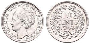 Netherlands, Kingdom, Wilhelmina I, 10 Cents Silver 1943P, Head left, KM 163, A.UNC