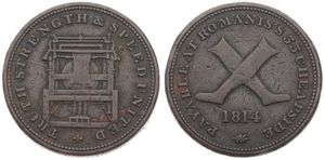Great Britain, Kingdom, George III, 1/2 Penny Token in Copper 1814 London, Payable at Romanis's 33 Cheapside, Crossed legs / Truth - Strenght & Speed United, VF