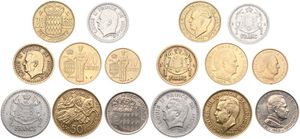 Monaco, Principality, Good lot with 8 different older circulation type coins in nice grades including better items...