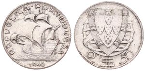 Portugal, Republic, 2-1/2 Escudos Silver 1946, Early sailing ship, KM 580, XF