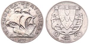 Portugal, Republic, 2-1/2 Escudos Silver 1933, Early sailing ship, KM 580, VF