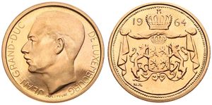 Luxembourg, Grand Duchy, Charlotte, 40 Francs Gold 1964, Grand Duke Jean facing left, KM X M7, UNC (*)
