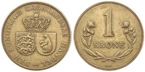 Greenland, Danish State, 1 Krone Aluminum-Bronze 1957, Crowned arms of Denmark & Greenland, KM 10, VF