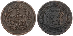 Luxembourg, Grand Duchy, William III, 5 Centimes Bronze 1854, Crowned shield within rope wreath, KM 22.1, A.VF