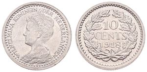 Netherlands, Kingdom, Wilhelmina I, 10 Cents Silver 1918, Crowned bust left, KM 145, A.UNC