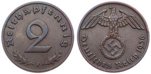 Germany, Third Reich, 2 Reichspfennig Bronze 1936F, Eagle above swastika within wreath, KM 90, XF