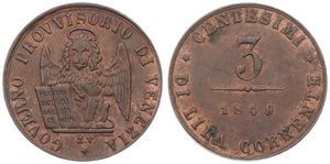 Italian States, Venice, Revolutionary Coinage, 3 Centesimi Copper 1849 ZV, Seated lion with wings spread holding tablet, KM 182, XF