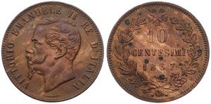Italy, Kingdom, Vittorio Emanuele II, 10 Centesimi Copper 1867 OM, Bearded head left, KM 11.5, XF/AU