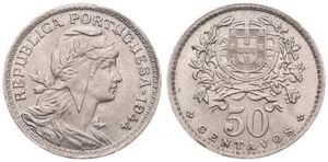 Portugal, Republic, 50 Centavos Copper-Nickel 1944, Liberty head right, KM 577, A.UNC