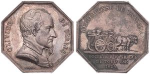 France, Second Kingdom, Charles X, Medal in Silver 1825 by Dubois, Agriculture Medal  from Toulouse, Bust of Olivier de Serres right / Ox and chariot with harvest, XF 