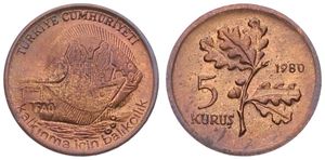 Turkey, Republic, 5 Kurus Bronze 1980, F.A.O. - Fisherman within flounder, KM 934, UNC 