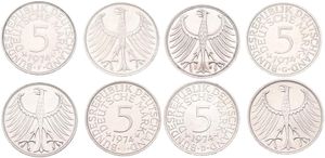 Germany, Federal Republic, 4 x 5 Mark Silver 1974 D, F, G & J, Eagle with wings spread, KM 112.1, all UNC 
